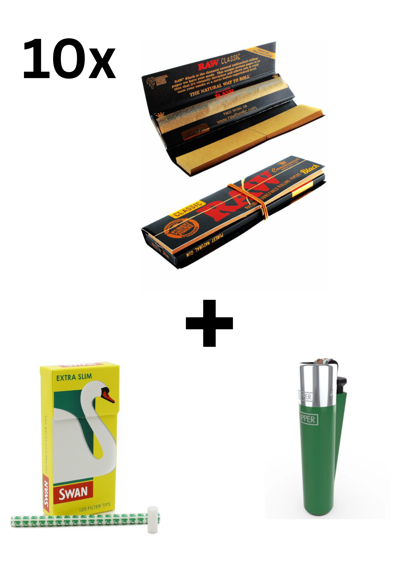Raw Black Classic Connoisseur Rolling Papers 5/10 + 1 Swan Extra Slim Filters (120) + 1 Clipper Lighter (Random colours) – Smoking Bundle"