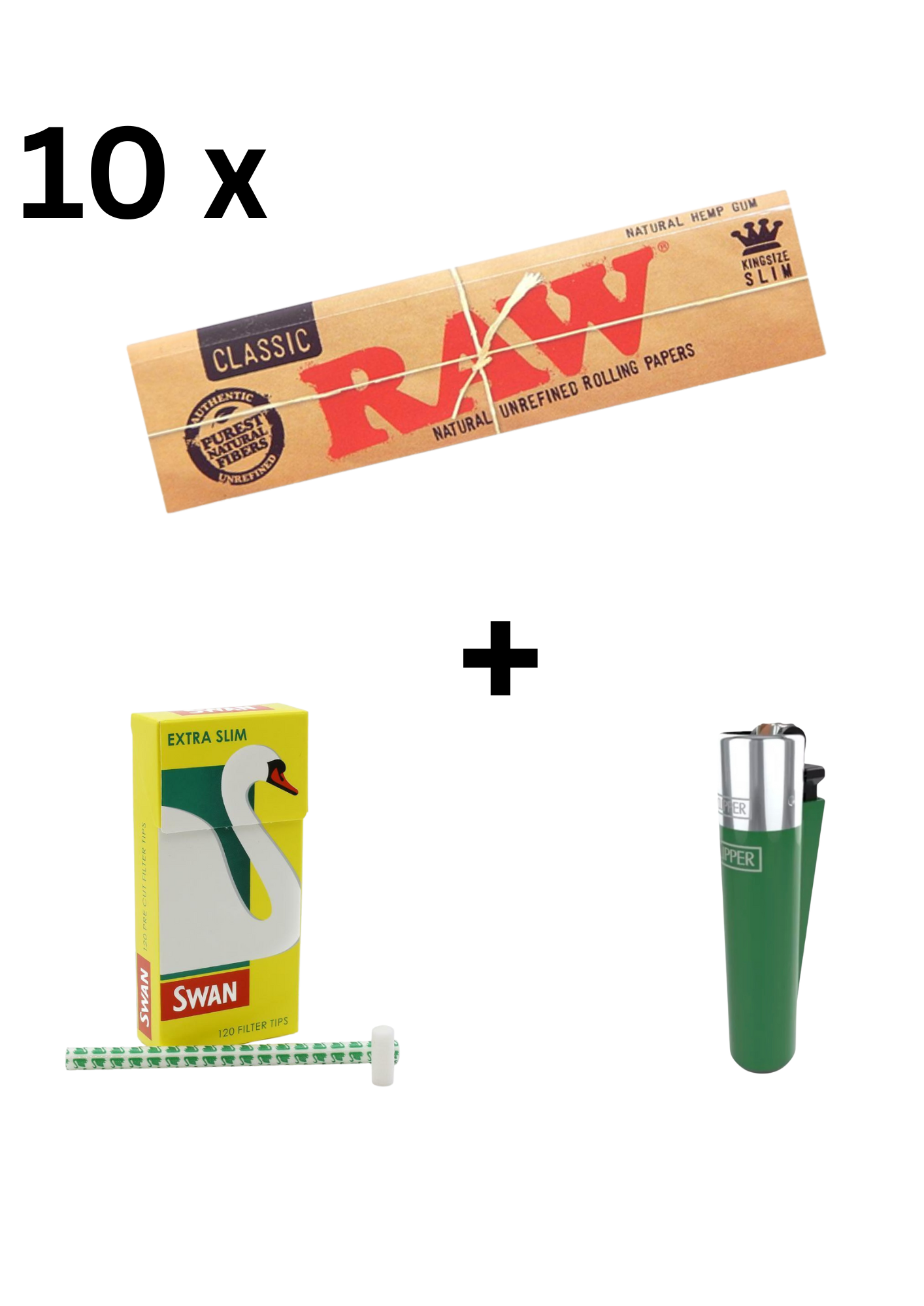 Raw Classic Rolling Papers 5/10 + 1 Swan Extra Slim Filters (120) + 1 Clipper Lighter (Multi colours) – Smoking Bundle"