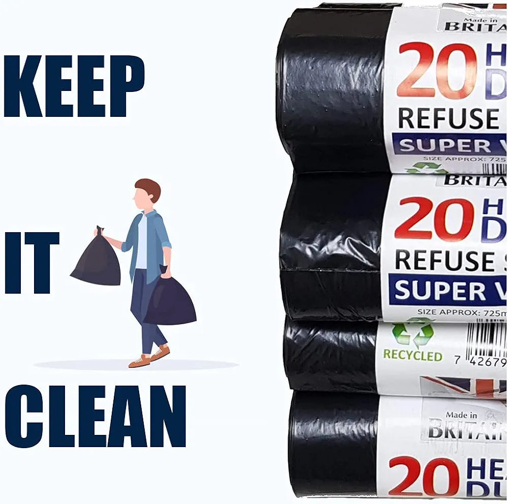 HEAVY DUTY BLACK REFUSE SACKS STRONG THICK RUBBISH BAGS BIN LINERS 60/100/200 Bags MARKET DADA